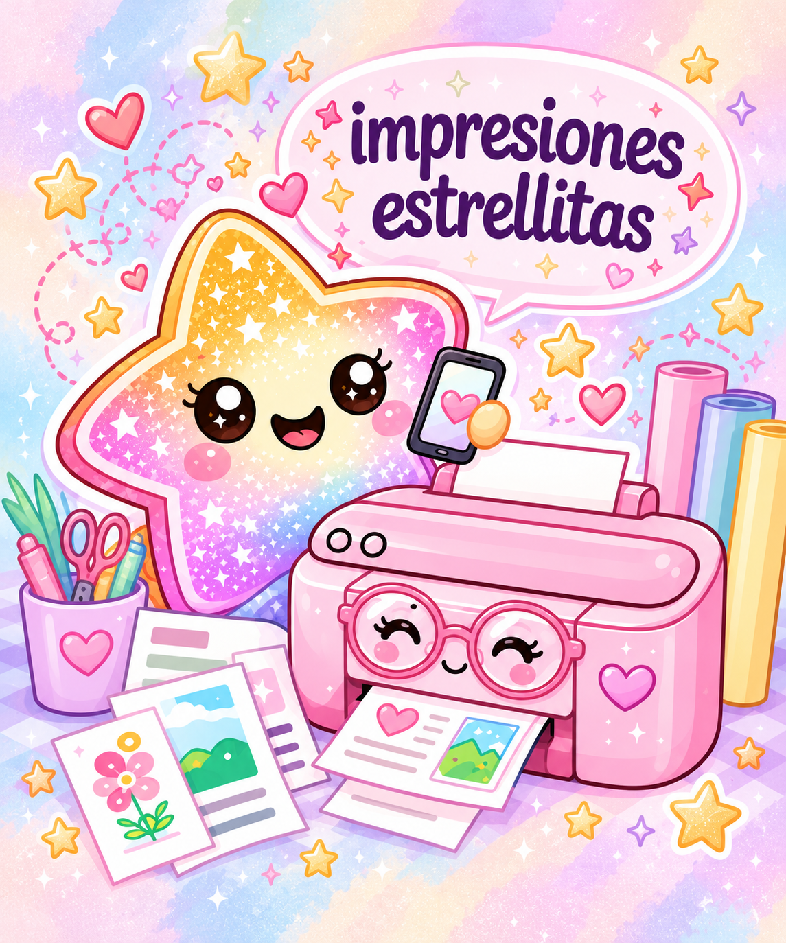 Logo oficial de Impresiones Estrellitas: una estrella kawaii junto a una impresora rosa y productos de papelería
